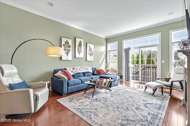 living room with recessed lighting, ornamental molding, and dark wood-style floors