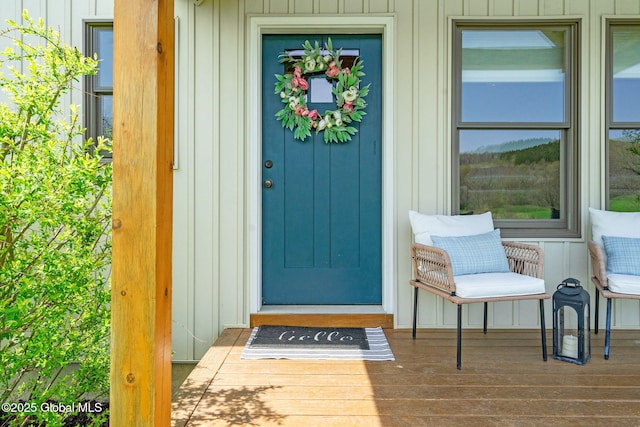 property entrance with board and batten siding