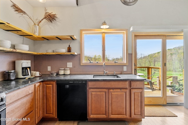 kitchen featuring light wood-style floors, a sink, black dishwasher, and a wealth of natural light