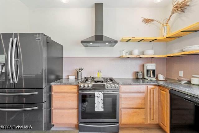 kitchen featuring wall chimney range hood, open shelves, appliances with stainless steel finishes, light wood-style flooring, and dark stone countertops