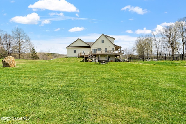 view of yard with fence and a wooden deck