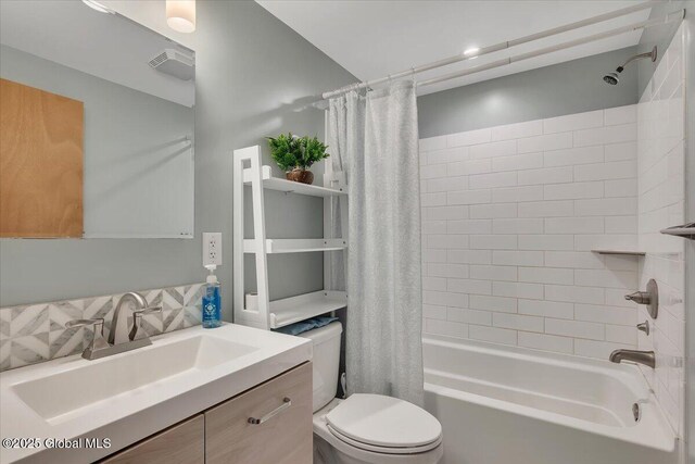 full bath with vanity, toilet, shower / bath combination with curtain, and tasteful backsplash