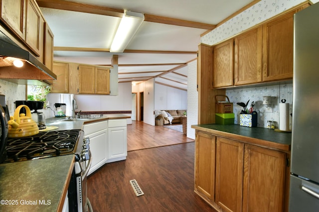 kitchen with visible vents, dark wood-style flooring, dark countertops, under cabinet range hood, and stainless steel appliances