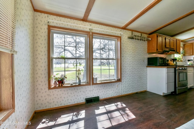 kitchen with a wealth of natural light, gas range, black microwave, and visible vents
