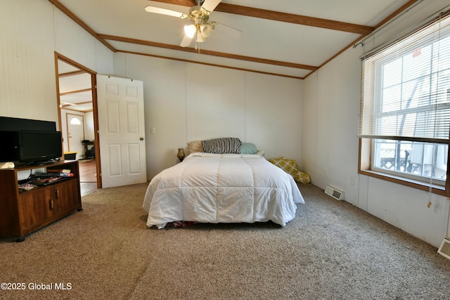 bedroom with visible vents, a ceiling fan, carpet flooring, and lofted ceiling with beams
