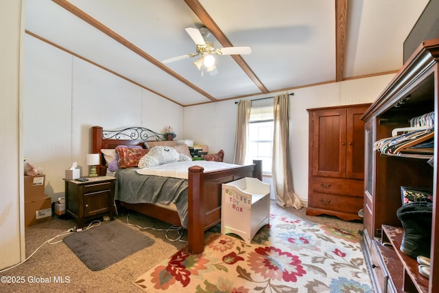 bedroom featuring light carpet, a ceiling fan, and lofted ceiling with beams