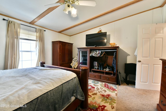 bedroom featuring ceiling fan, carpet, and vaulted ceiling