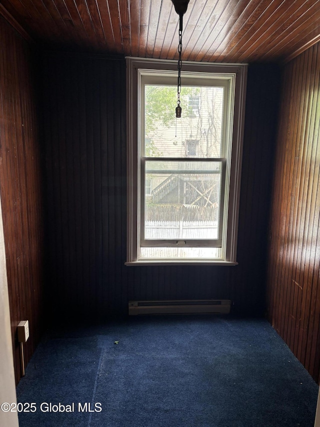 3 Osborne St, Albany, NY 12202 - carpeted empty room with wood ceiling, wooden walls, plenty of natural light, and a baseboard heating unit