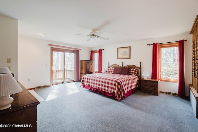 bedroom featuring carpet floors, multiple windows, baseboards, and access to exterior