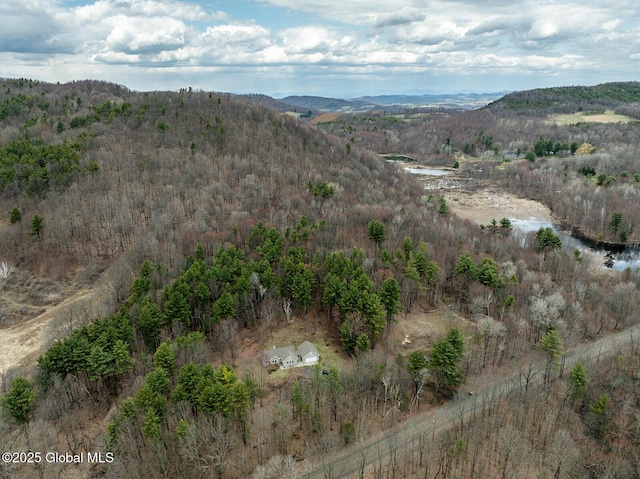 bird's eye view featuring a mountain view and a wooded view