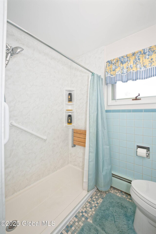 31 Tryon Ct, Albany, NY 12203 - bathroom with tile patterned floors, a shower with curtain, a baseboard radiator, and toilet
