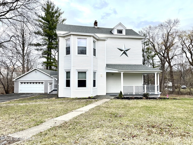 view of front of home featuring covered porch, an outdoor structure, a front lawn, a chimney, and a garage