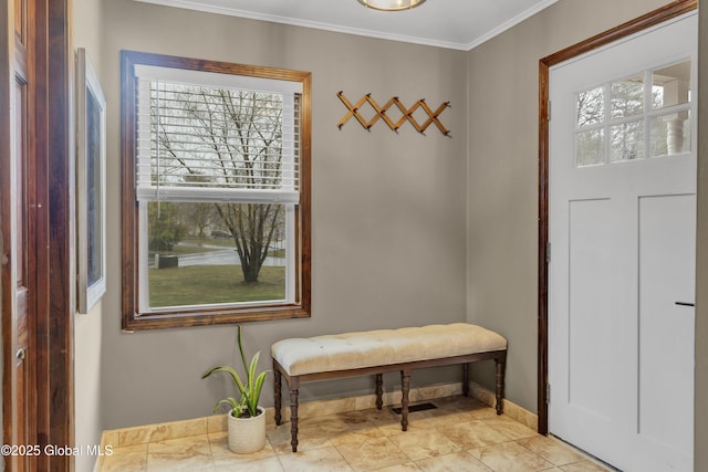mudroom with baseboards and ornamental molding