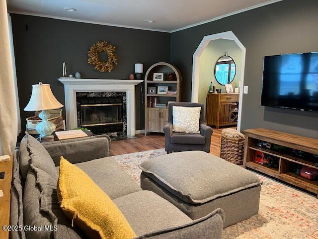 living area featuring recessed lighting, ornamental molding, wood finished floors, and a fireplace