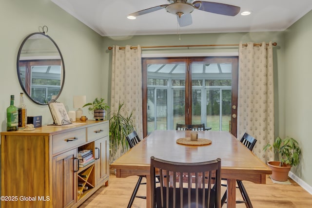 dining room featuring ceiling fan, plenty of natural light, and light wood finished floors
