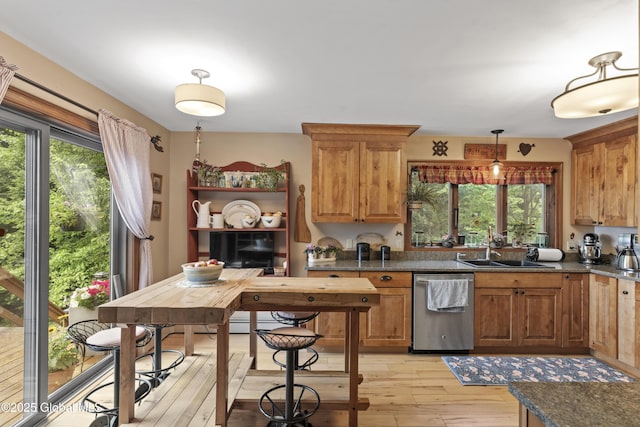 66 Schaeffer Rd, Berlin, NY 12138 - kitchen with dishwasher, light wood-type flooring, brown cabinetry, and dark countertops