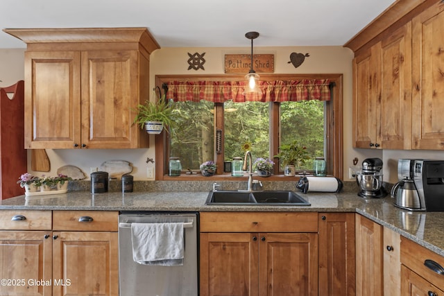 66 Schaeffer Rd, Berlin, NY 12138 - kitchen with dishwasher, brown cabinets, decorative light fixtures, and dark stone countertops