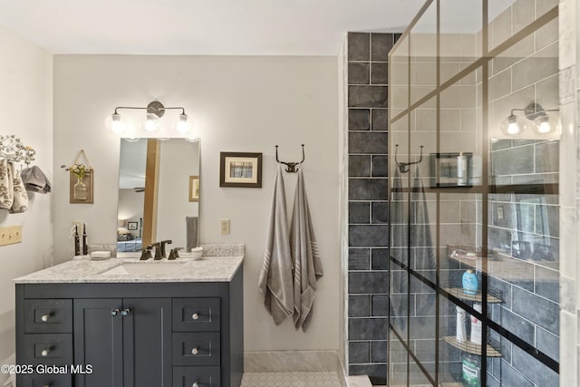 66 Schaeffer Rd, Berlin, NY 12138 - bathroom featuring vanity, a walk in shower, and tile patterned floors