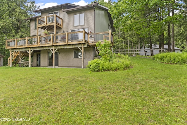 66 Schaeffer Rd, Berlin, NY 12138 - rear view of property with a balcony, a yard, a wooden deck, and stairs