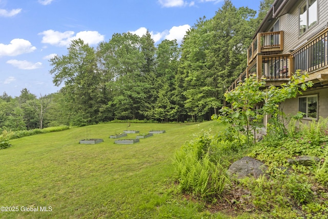 66 Schaeffer Rd, Berlin, NY 12138 - view of grassy yard featuring a wooden deck and a forest view