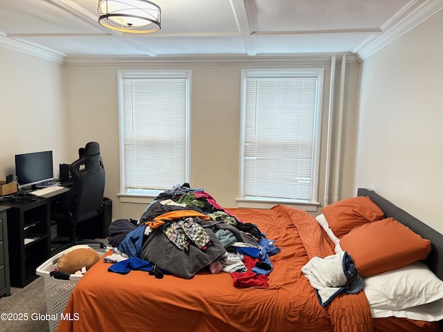 bedroom featuring beamed ceiling, carpet, ornamental molding, and coffered ceiling