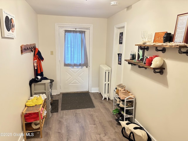 doorway with wood finished floors, radiator heating unit, and baseboards