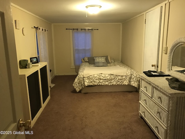 bedroom featuring dark carpet