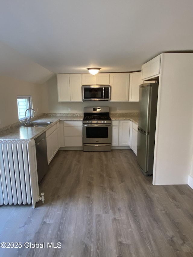 kitchen featuring radiator, a sink, dark wood-style flooring, appliances with stainless steel finishes, and white cabinetry