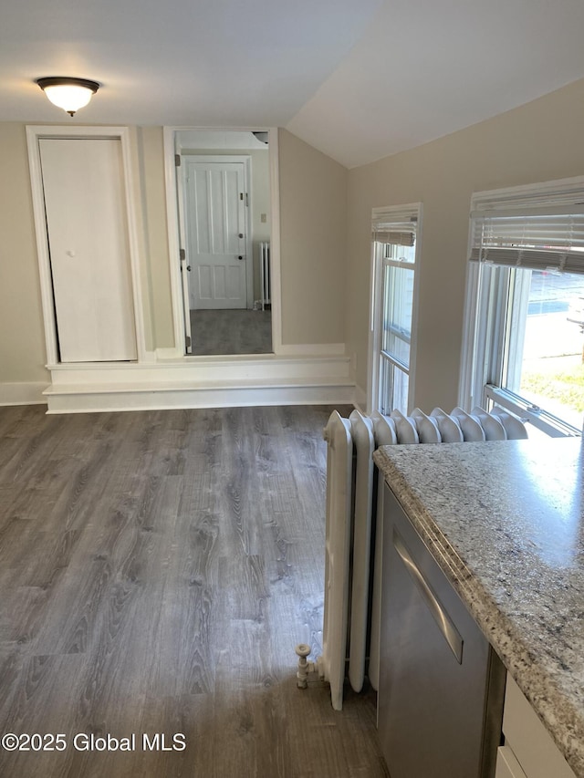 unfurnished living room with vaulted ceiling and wood finished floors