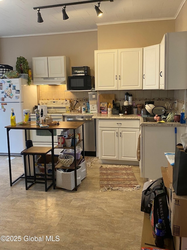 kitchen featuring white cabinetry, decorative backsplash, white appliances, track lighting, and under cabinet range hood