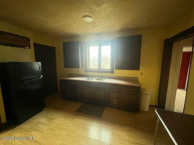 kitchen with light countertops, freestanding refrigerator, and a sink