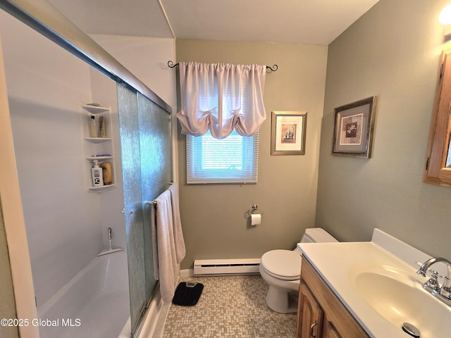 full bathroom featuring a shower stall, a baseboard radiator, toilet, and vanity