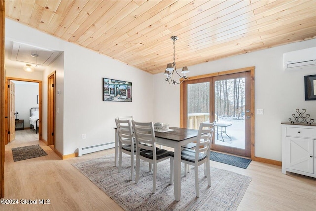 dining space with wooden ceiling, baseboard heating, a wall unit AC, and light wood-style flooring