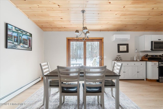 dining area with light wood-type flooring, a chandelier, a wall mounted air conditioner, wood ceiling, and a baseboard radiator