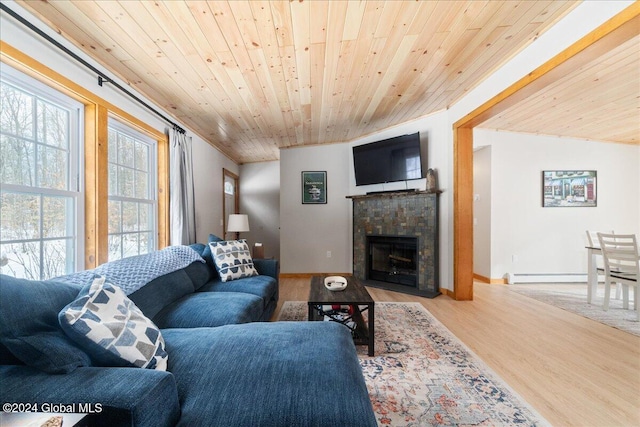 living room with wooden ceiling, wood finished floors, and baseboards