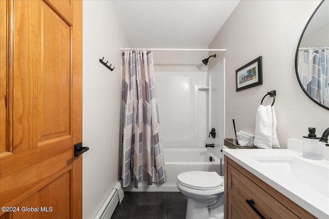 full bathroom with vanity, toilet, a baseboard heating unit, shower / tub combo with curtain, and tile patterned floors