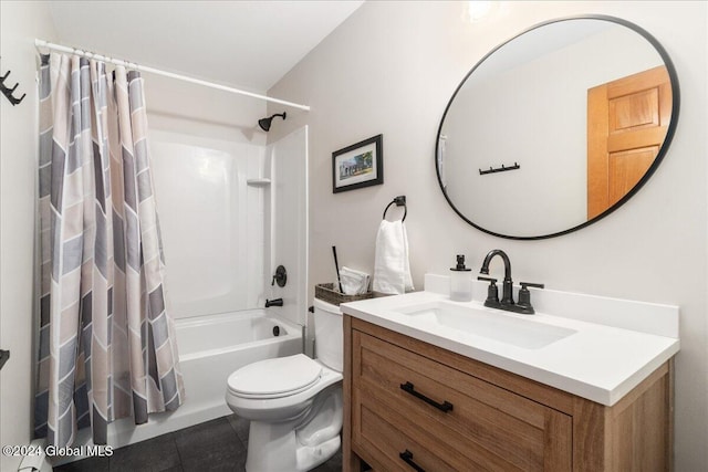 full bathroom with tile patterned floors, vanity, shower / tub combo with curtain, and toilet