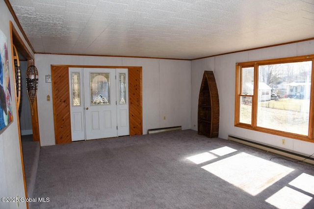 entryway featuring a baseboard radiator, crown molding, and carpet floors