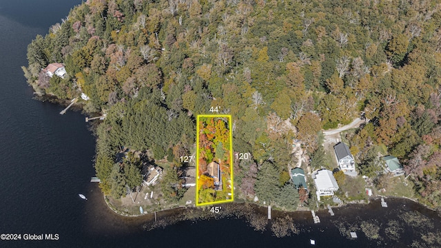 aerial view featuring a wooded view and a water view