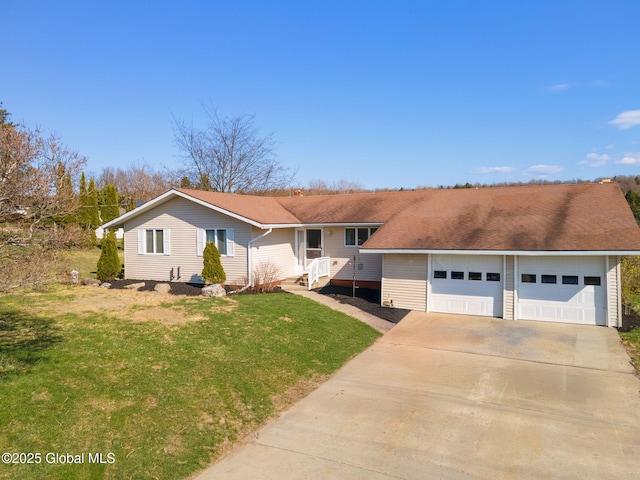 ranch-style home featuring a garage, driveway, roof with shingles, and a front lawn