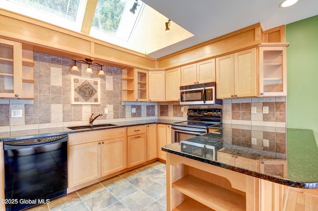132 County Highway 152 Unit C, Northville, NY 12134 - kitchen featuring open shelves, stainless steel appliances, light brown cabinets, backsplash, and recessed lighting