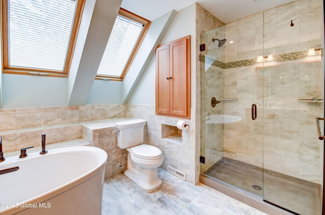 132 County Highway 152 Unit C, Northville, NY 12134 - full bathroom with a tub, a stall shower, tile walls, and a skylight