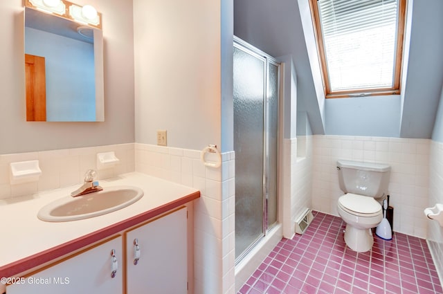 132 County Highway 152 Unit C, Northville, NY 12134 - full bath with tile walls, vanity, a shower stall, wainscoting, and tile patterned flooring