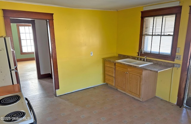 kitchen featuring light floors, freestanding refrigerator, a sink, and ornamental molding
