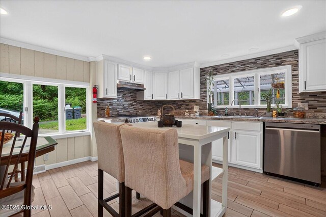 458 Central Ave, Niskayuna, NY 12304 - kitchen with stainless steel dishwasher, a sink, light wood-type flooring, tasteful backsplash, and white cabinetry