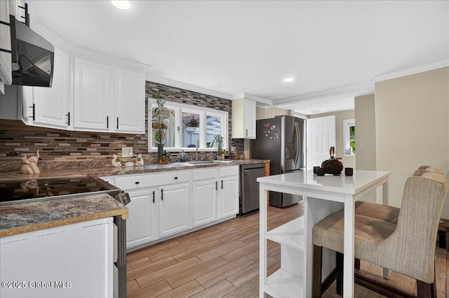 458 Central Ave, Niskayuna, NY 12304 - kitchen featuring appliances with stainless steel finishes, ornamental molding, a sink, white cabinetry, and decorative backsplash