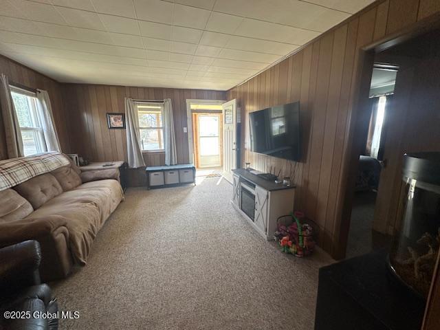 2543 Moriah Rd, Moriah, NY 12960 - living room with wood walls, a wealth of natural light, and light carpet