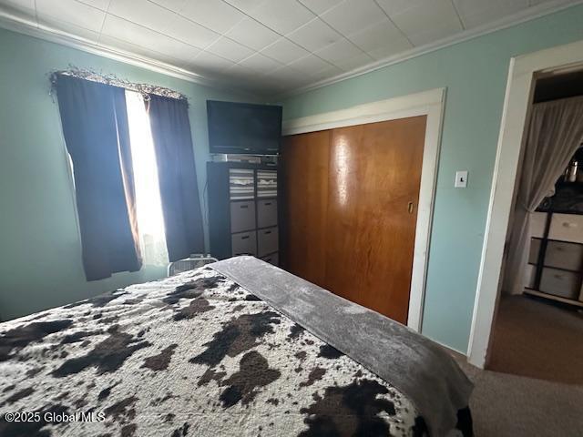 2543 Moriah Rd, Moriah, NY 12960 - bedroom featuring ornamental molding, carpet flooring, and a closet