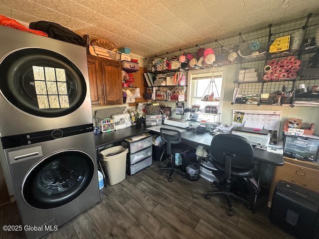 2543 Moriah Rd, Moriah, NY 12960 - office featuring stacked washer / dryer and wood finished floors