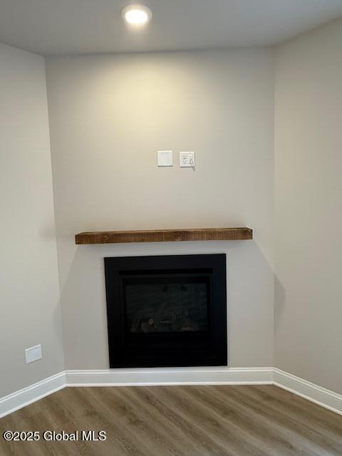 room details featuring wood finished floors, a fireplace, baseboards, and recessed lighting